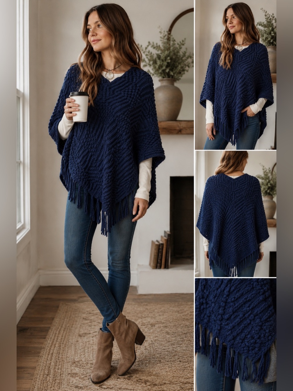 INC International Concepts Navy Fringe Poncho Sweater Textured Knit Boho Cozy